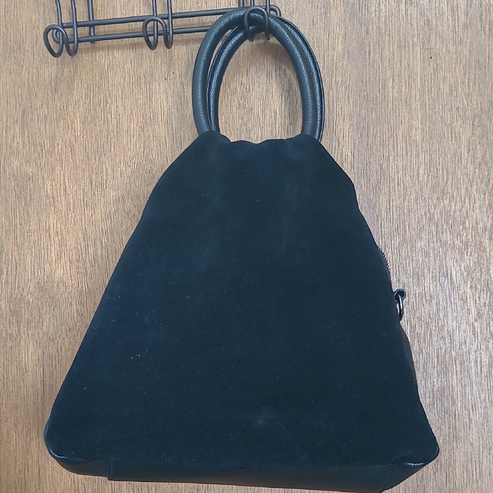 Moda Luxe Black Satchel with Triangular Design "Suede" Front And